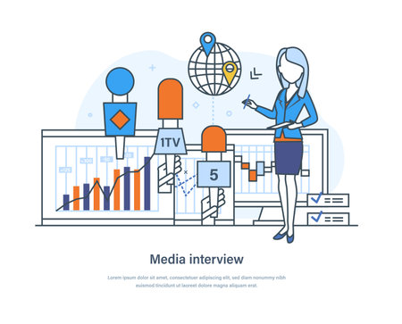 Illustration pour Media interview, breaking news, broadcasting, mass media announcement. Male journalist, reporter, television presenter. TV, internet, press, news, radio journalism thin line design of vector doodles - image libre de droit