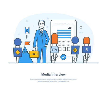 Media interview, breaking news, broadcasting, mass media announcement. Male journalist, reporter, television presenter. TV, internet, press, news, radio journalism thin line design of vector doodlesのイラスト素材