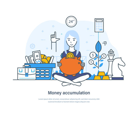 Money accumulation and saving, safe finance investment of capital, funding, bank deposit financial services. Stability, security of money storage,savings thin line design of vector doodlesのイラスト素材