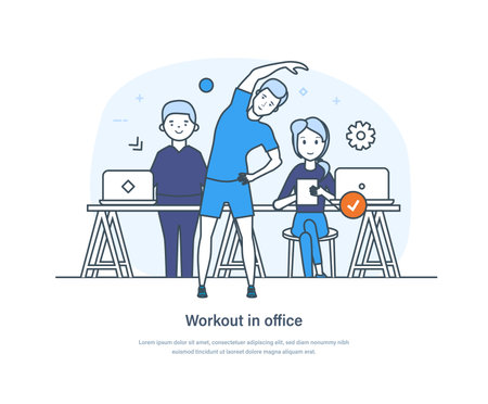 Workout in office. Online fitness and training, home workout with personal instructor. Fit man practicing sports exercises with online fitness trainer on smartphone screen thin line designのイラスト素材