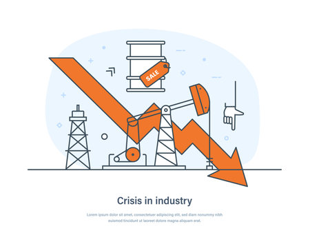 Crisis in oil and gas industry, oil barrel price falling down. Petroleum, energy price market crisis, crash, red arrow going to zero, price drop thin line design of vector doodlesのイラスト素材