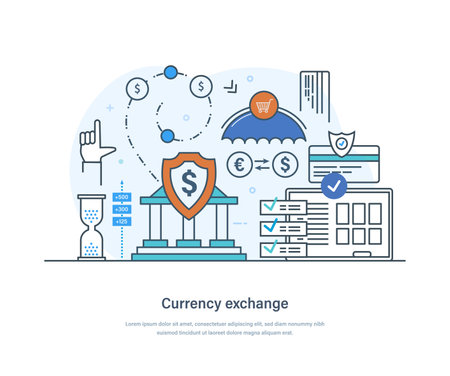 Currency exchange banking financial services, euro to dollar money conversion. Exchange foreign currency, cryptocurrency transactions, transfer, payment operations thin line design of vector doodlesのイラスト素材
