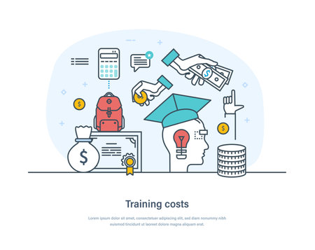 Training costs, investment in education, student loans, college tuition financial fee. Student education investment, financial saving plan, study loan costs thin line design of vector doodlesのイラスト素材