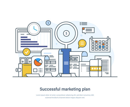 Successful marketing plan business process, market research, analysis, planning. Business management, marketing strategy, finance and investment thin line design of vector doodlesのイラスト素材