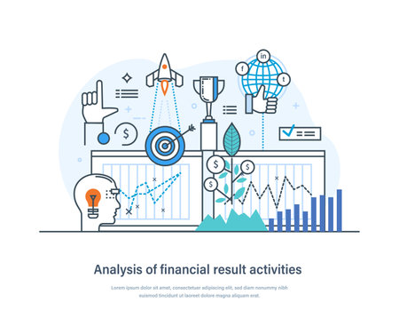 Analysis of financial results activities business strategy, management. Data analysis, statistics, banking, growth of economic, business investment in economy sector thin line design of vector doodlesのイラスト素材