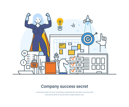 Company success secret, business development and growth concept. Strategic business planning, project task management, effective time planning tools thin line design of vector doodlesのイラスト素材