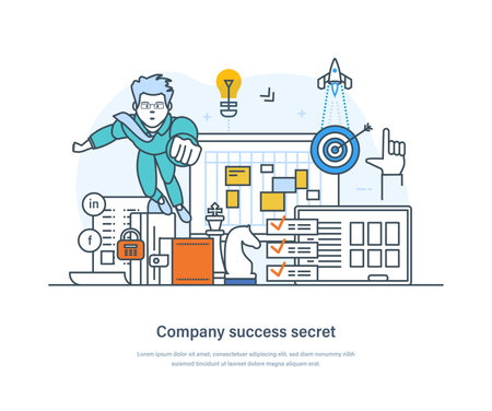 Company success secret, business development and growth concept. Strategic business planning, project task management, effective time planning tools thin line design of vector doodlesのイラスト素材