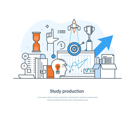 Study production or operations business strategy to produce goods and services. Business development, strategic business planning, improvement to achieve goal thin line design of vector doodlesのイラスト素材