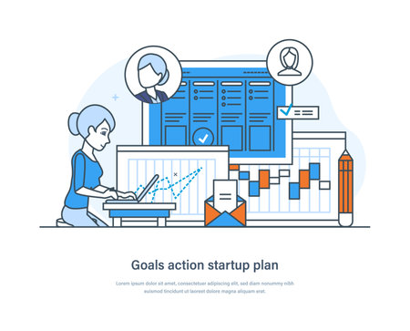Goals action startup plan business strategy, success idea concept. Strategic planning, successful startup, development process, plan of action, motivation thin line design of vector doodlesのイラスト素材