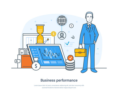Business performance indicator of commercial effectiveness to evaluate the achievements of a company or person. Reduce process costs, improve productivity business process thin line design of vector doodlesのイラスト素材