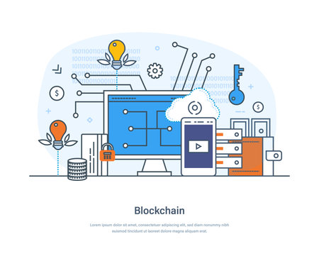 Blockchain financial technology, cryptocurrency development and secure transactions concept. Bitcoin trading, global cryptocurrency blockchain, secure data transfer thin line design of vector doodlesのイラスト素材