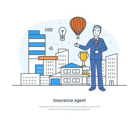 Insurance agent, safety or assurance service, insurance guarantees. Protection of property, life, car and savings from damage, medical service, healthcare thin line design of vector doodlesのイラスト素材