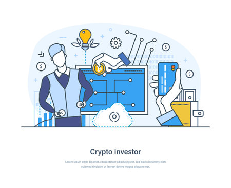 Successful crypto investor making profit with investment trading. Businessman buying and selling cryptocurrency and mining coins on crypto currency market thin line design of vector doodlesのイラスト素材
