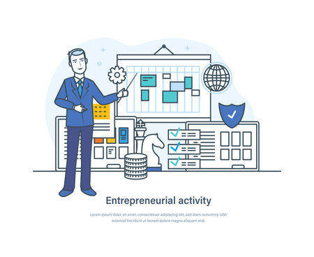 Entrepreneurial activity business process to goal achievement, maximizing profit. Manufacturing, processing, selling, distributing of goods or services for profit thin line design of vector doodlesのイラスト素材