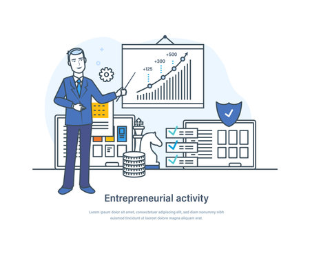 Entrepreneurial activity business process to goal achievement, maximizing profit. Manufacturing, processing, selling, distributing of goods or services for profit thin line design of vector doodlesのイラスト素材