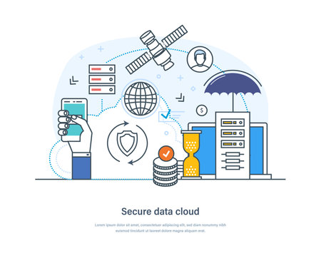 Secure data cloud technology, protecting of information technology. Cyber security, digital data protection from security threats, human error, and insider threats thin line design of vector doodlesのイラスト素材