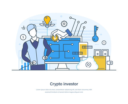 Successful crypto investor making profit with investment trading. Businessman buying and selling cryptocurrency and mining coins on crypto currency market thin line design of vector doodlesのイラスト素材