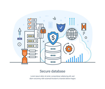 Secure database business data protection technology and cloud network security concept. Personal data, internet security, information privacy, datacenter network thin line design of vector doodlesのイラスト素材