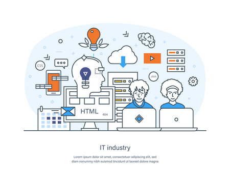 IT software industry, modern innovative information technologies concept. Information artificial intelligence industrial technology. Smart factory integration thin line design of vector doodlesのイラスト素材