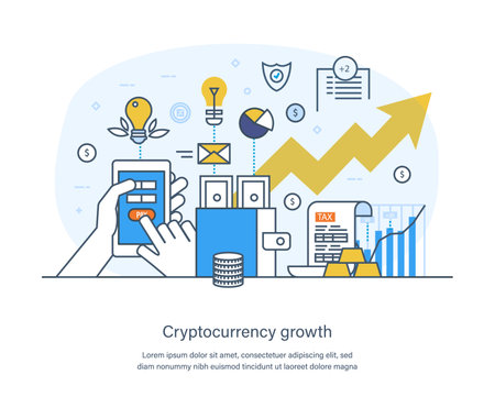 Cryptocurrency growth in the digital world, digital money storage. Online money market, e-payments, crypto exchange, cryptocurrency mining, blockchain technology thin line design of vector doodlesのイラスト素材