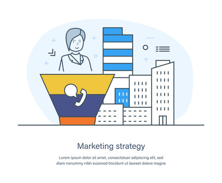 Marketing strategy, seo optimization, targeting and performance. Market research and trends analyzing, web analytics strategy, social media research and planning thin line design of vector doodlesのイラスト素材