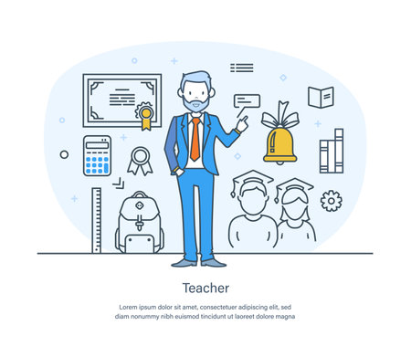 Teacher, education concept, personal teacher service, educational webinar, online training course, video tutorials and educational promotional materials thin line design of vector doodlesのイラスト素材