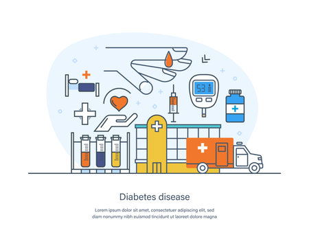 Diabetes chronic endocrine disease, high blood sugar level. Diabetes information, causes, symptoms or manifestations of disease. Medical assistance and healthcare thin line design of vector doodlesのイラスト素材