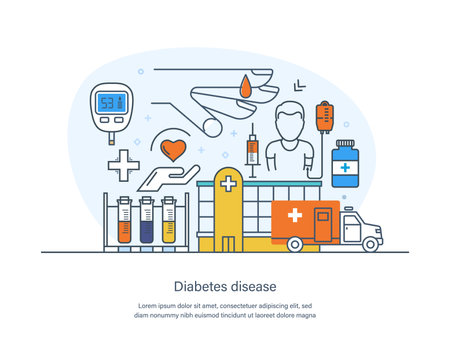 Diabetes chronic endocrine disease, high blood sugar level. Diabetes information, causes, symptoms or manifestations of disease. Medical assistance and healthcare thin line design of vector doodlesのイラスト素材