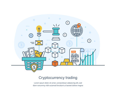 Cryptocurrency trading technology for digital money storage. Online money market, e-payments, crypto exchange, cryptocurrency mining, blockchain technology thin line design of vector doodlesのイラスト素材