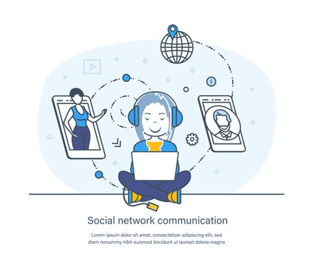 Social network communication global network connection internet technology. Social media platform, online chatting mobile application, messaging service thin line design of vector doodlesのイラスト素材