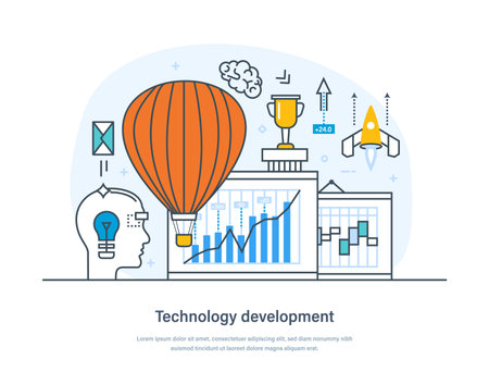 Technology development, invention, innovation and research business process. Software, communication systems, infrastructure, products and services development thin line design of vector doodlesのイラスト素材