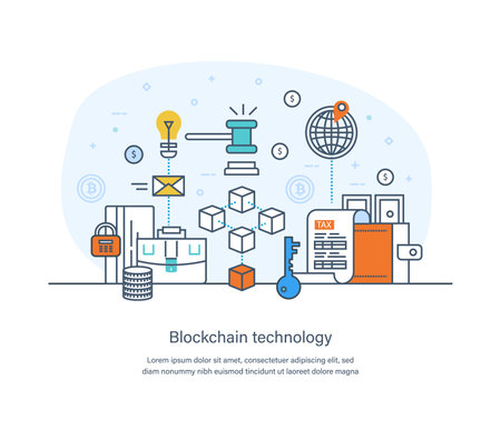 Blockchain technology, modern innovative information technologies concept. Information artificial intelligence industrial technology. Smart factory integration thin line design of vector doodlesのイラスト素材