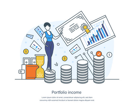 Portfolio income, passive income or revenue from invest in multi assets. Profit from investments, dividends and capital gains. Investment income concept thin line design of vector doodlesのイラスト素材