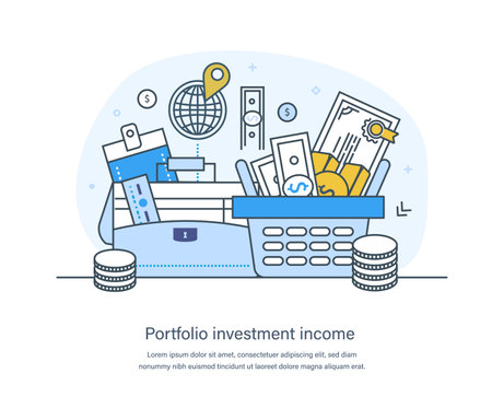 Illustration pour Portfolio investment income, profit from investments, dividends and capital gains. Collection of bonds, cash, deposit certificates and other financial instruments thin line design of vector doodles - image libre de droit