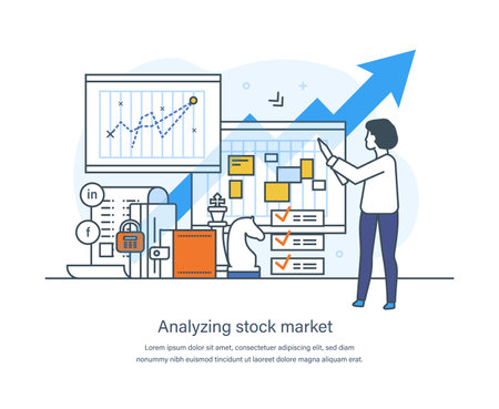 Analyzing stock market business process to evaluate financial instrument, securities industry. Analysis of data, business investment, specific trading instruments thin line design of vector doodlesのイラスト素材