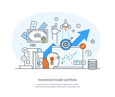 Businessman investor increasing earning profit and capital gain. Stock trader analyzing data, doing researches, investing. Stock market or mutual funds trading thin line design of vector doodlesのイラスト素材