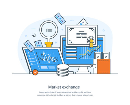 Market exchange financial technology, sale and purchase of foreign currencies. Stock market investments, trading, financial analysis and economic trends thin line design of vector doodlesのイラスト素材