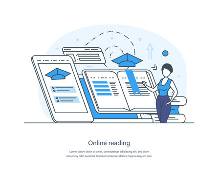 E-library, media book, e-book, digital online education concept. E-learning, home schooling, web course, tutorial. Literature, science and digital culture thin line design of vector doodlesのイラスト素材