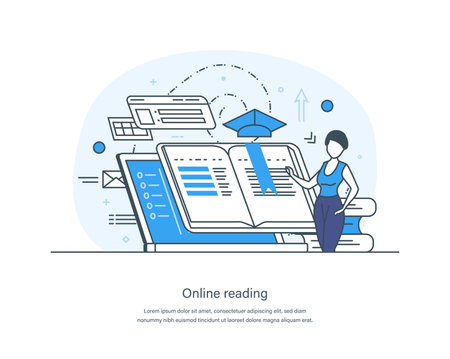 E-library, media book, e-book, digital online education concept. E-learning, home schooling, web course, tutorial. Literature, science and digital culture thin line design of vector doodlesのイラスト素材