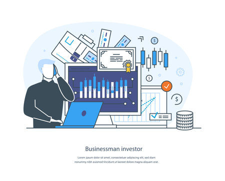Businessman investor increasing earning profit and capital gain. Stock trader analyzing data, doing researches, investing. Stock market or mutual funds trading thin line design of vector doodlesのイラスト素材