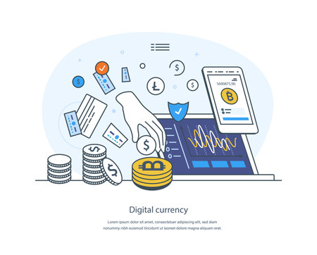 Digital currency, electronic money, e-money transfer payment technology. Cryptocurrency market, electronic wallet. Electronic money for secure digital payments. thin line design of vector doodlesのイラスト素材