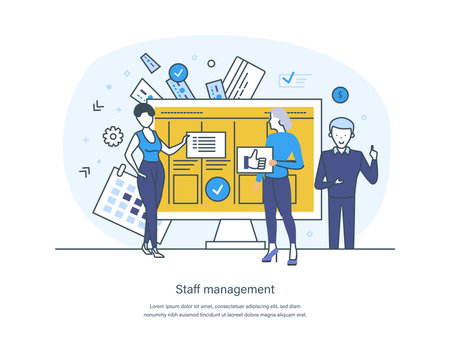 Staff management, human resources, job motivation and successful achievement. Recruitment and human resource management. Employee development, career goal thin line design of vector doodlesのイラスト素材