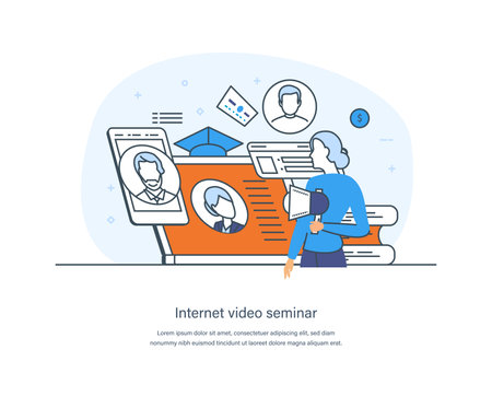 Internet video seminar, educational web conference, online class, professional personal teacher service. Internet webinar, digital classroom, online teaching concept thin line design of vector doodlesのイラスト素材