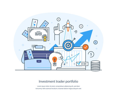 Businessman investor increasing earning profit and capital gain. Stock trader analyzing data, doing researches, investing. Stock market or mutual funds trading thin line design of vector doodlesのイラスト素材