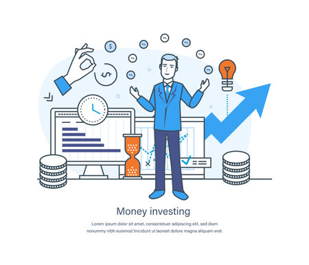 Money investing and financial profits analysis business concept. Businessman analyzing budget, making investment plan, calculating benefits. Investment strategy, funding thin line design vector doodlesのイラスト素材