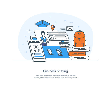 Business briefing meeting, corporate briefing, teamwork, brainstorming, conference. Corporate business manager explaining quarter report and financial results thin line design of vector doodlesのイラスト素材