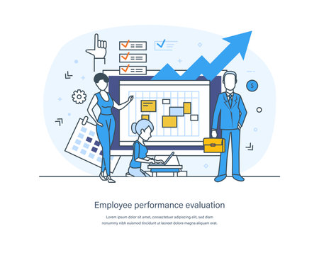 Employee performance evaluation, staff management, empolyee development business concept. Worker performance review, work improvement, productivity growth thin line design of vector doodlesのイラスト素材