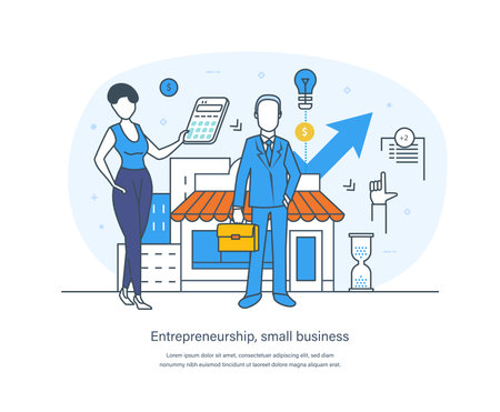Entrepreneurship, startup, small business and self-employment business concept. Entrepreneur standing at entrance of small shop or cafe. Support of small business thin line design of vector doodlesのイラスト素材
