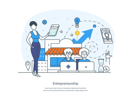 Entrepreneurship, startup, small business and self-employment business concept. Entrepreneur standing at entrance of small shop or cafe. Support of small business thin line design of vector doodlesのイラスト素材