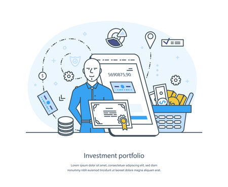 Investment portfolio, financial secure and insurance. Safety investment, safe business economy, money protection, guarantee, financial savings insurance thin line design of vector doodlesのイラスト素材